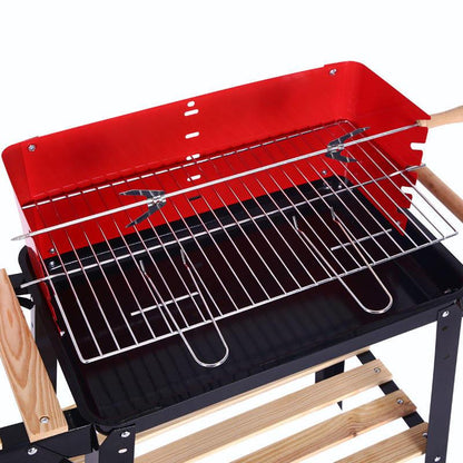 Barbecue à Charbon avec Roulettes et Socle en Acier et Bois